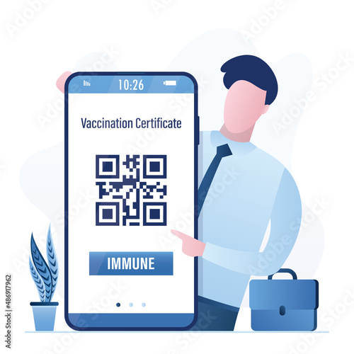 Businessman holds mobile phone with vaccination certificate. QR code on smartphone screen. Male character after coronavirus vaccination. Health passport. Mandatory vaccination.