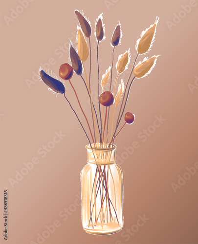 autumn bouquet of dry leaves and branches of field plants in a vase, vector illustration © TanyaArt