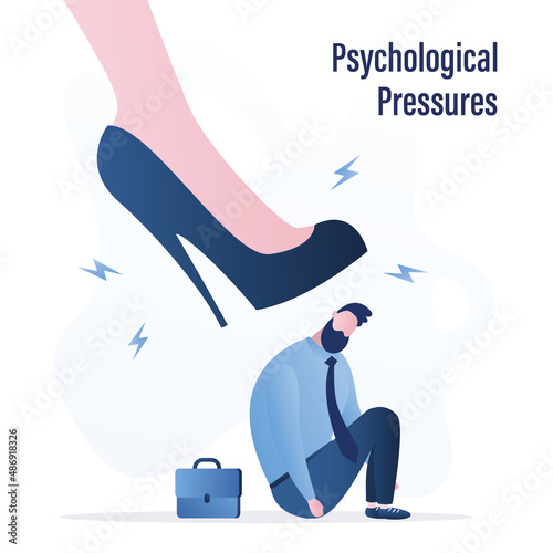 Unhappy man sits under high heel shoes. Mental pressure on the husband in family. Psychological stress. Female big boss has overworked male worker. Abuse, harassment.
