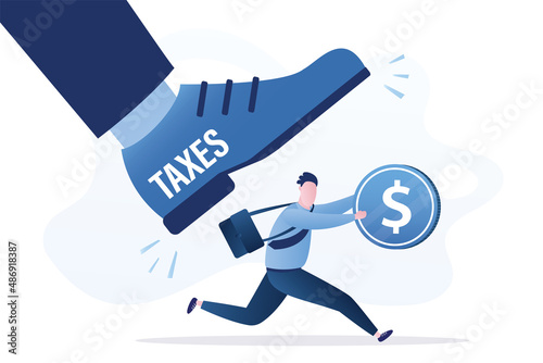 Businessman under big boot. Resisting introduction of new taxes, bills. Entrepreneur with money runs and not want to give away profit. Excessive financial burden, pressure from tax service.