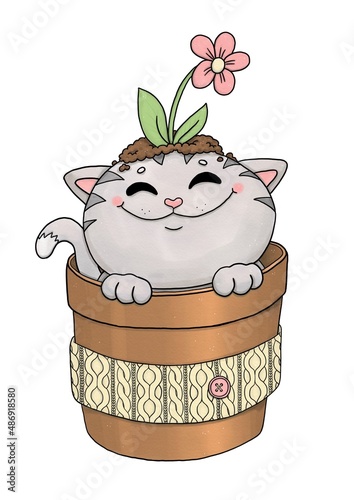 Funny grey cat in flower pot with flower