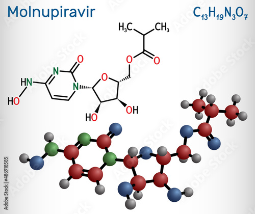 Molnupiravir molecule. It is antiviral medication, anti coronaviral agent, prodrug, used to treat coronavirus  COVID-19, SARS-CoV-2. Structural chemical formula, molecule model.