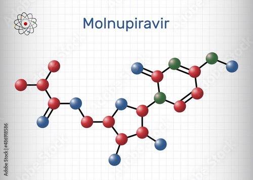 Molnupiravir molecule. It is antiviral medication, anti coronaviral agent, prodrug, used to treat coronavirus  COVID-19, SARS-CoV-2. Molecule model. Sheet of paper in a cage