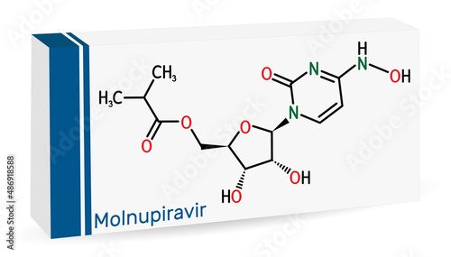 Molnupiravir molecule. It is antiviral medication, anti coronaviral agent, prodrug, used to treat coronavirus  COVID-19, SARS-CoV-2. Skeletal chemical formula. Paper packaging for drugs.