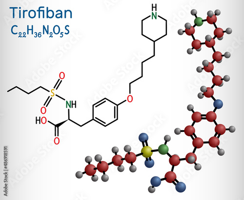 Tirofiban molecule. It is non-peptide tyrosine derivative, with anticoagulant activity, prevents the blood from clotting. Structural chemical formula and molecule model. photo