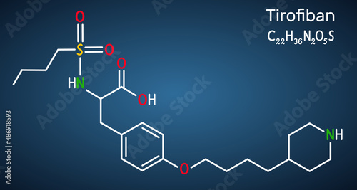 Tirofiban molecule. It is non-peptide tyrosine derivative, with anticoagulant activity, prevents the blood from clotting. Structural chemical formula on the dark blue background.