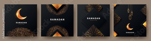 Ramadan Kareem modern design with geometric arabic gold pattern, sand, lanterns and bright crescent on black background.Template set of covers, greeting cards, labeles, web or social media banners photo