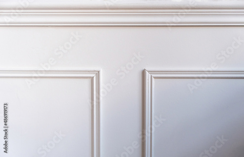 Classic wainscot wood decoration detail. Retro white wall wooden panel, close up view.
