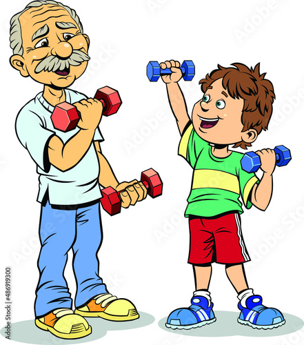 Grandfather and grandson training. 