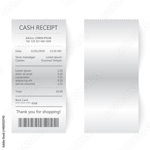 Shop reciept, retail ticket isolated object, financial atm bill, cash dispenser financial invoice. Buying financial invoice bill purchasing calculate pay vector isolated. Realistic receipt collection