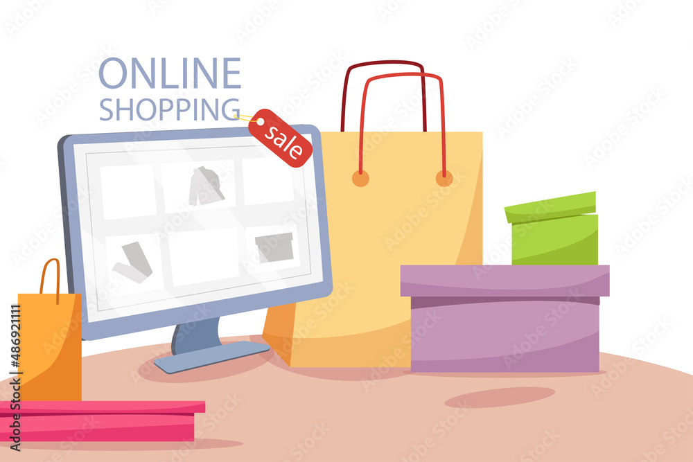 Online shopping concept. Website on the monitor. Marketing and digital marketing. Online store. Vector cartoon illustration for web design, banner Online shopping concept. Website on the monitor. Marketing and digital marketing. Online store. Vector cartoon illustration for web design, banner