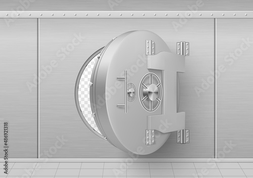 Realistic metallic bank vault semi open circle door vector illustration. Banking safe round gate