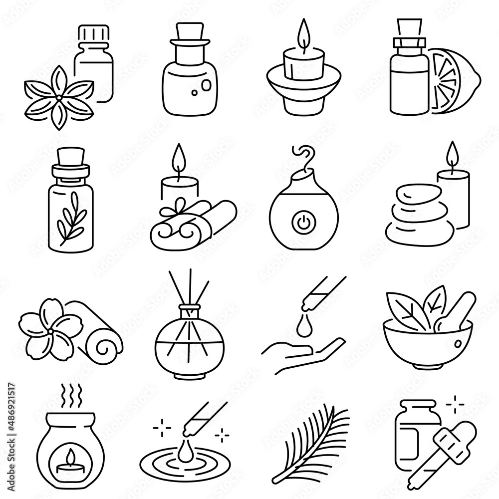 Collection monochrome simple oils and aromatherapy line icon vector illustration - obrazy, fototapety, plakaty 