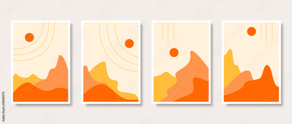 Hand drawn flat design mountain landscape with sun wall art collection