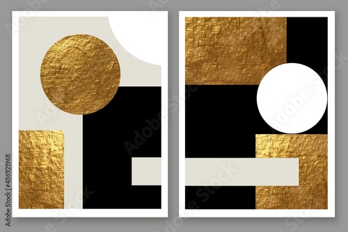 Minimal black, white, gold, grey geometric art composition. Wall decor, cover, design. Simple balanced forms.