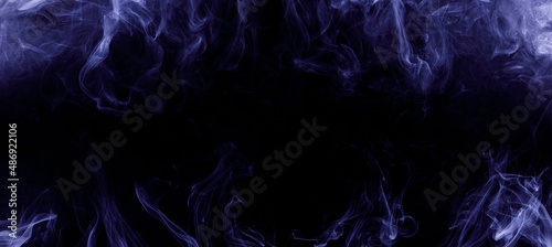 Panoramic view of the abstract fog. White cloudiness, mist or smog moves on black background. Beautiful swirling purple smoke. Mockup for your logo. Wide angle horizontal wallpaper or web banner.