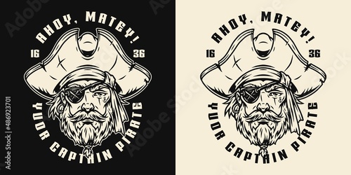 Monochrome marine label for t-shirts with pirate face wearing hat and eye patch  isolated vintage vector