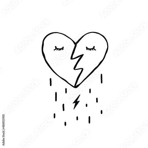 Broken heart icon logo Lightning bolt rain emblem Face tears drawn ink sketch Sad design Cartoon children's style Fashion print clothes apparel greeting invitation card cover flyer poster banner ad