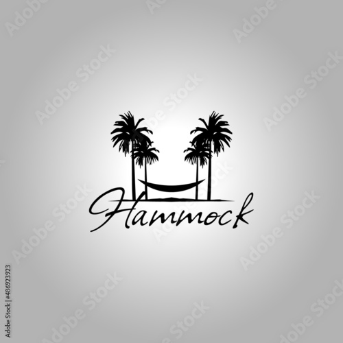 Hammock logo design with outdoor palm trees vector illustration