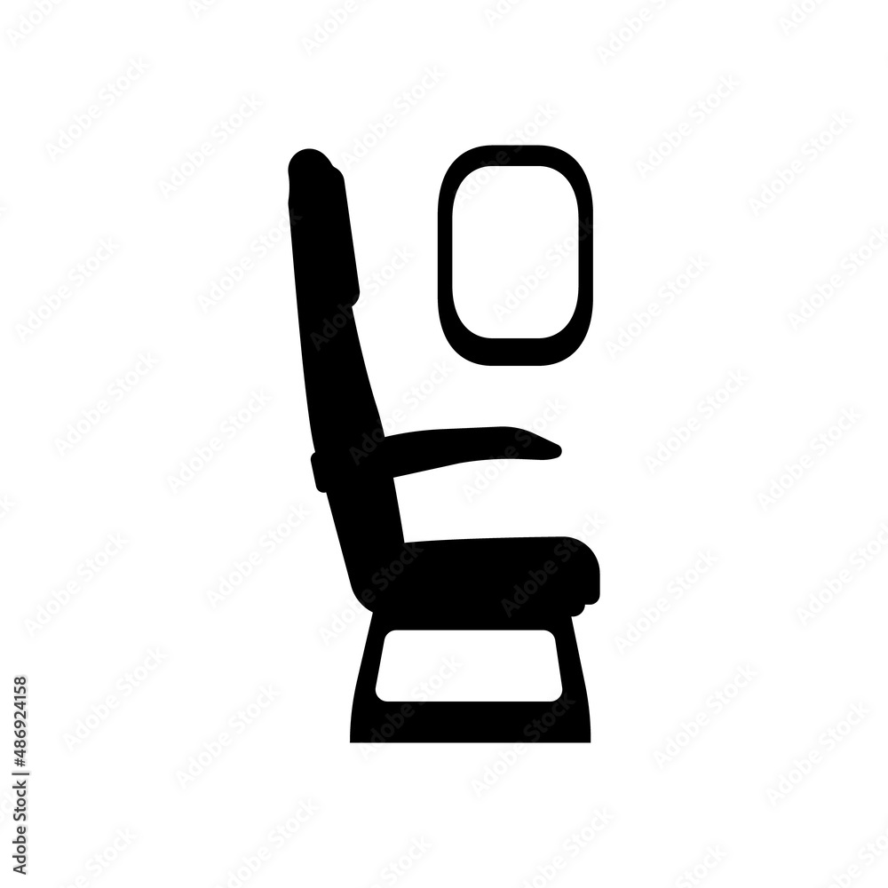 Airplane seat icon. Window seat on plane symbol. Vector illustration of pictogram isolated on white background. Flat design for web, app, banner, UI, poster, advertisement. Armchair symbol.