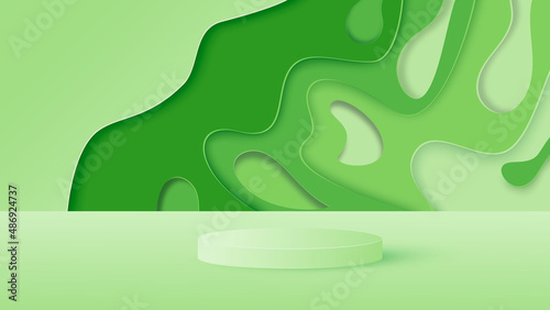 Minimal scene against colorful paper design in green tones. Cylindrical podium. Stage for the demonstration of natural and environmentally friendl products, showcase. Vector