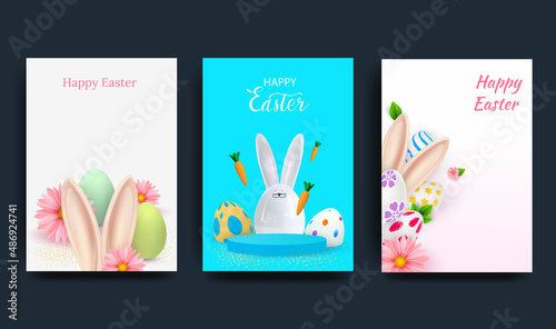 Easter set of greeting cards, holiday covers, posters, flyers in realistic 3d style with easter eggs and ceramic bunny. Modern minimalist design for social media, sales, advertising, networking. 