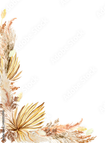 Watercolor pampas grass border, wreath, set. Boho dried grass and leaves neutral colors bouquet. Botanical nature design isolated on white. Bohemian style wedding invitation, greeting, card, postcard