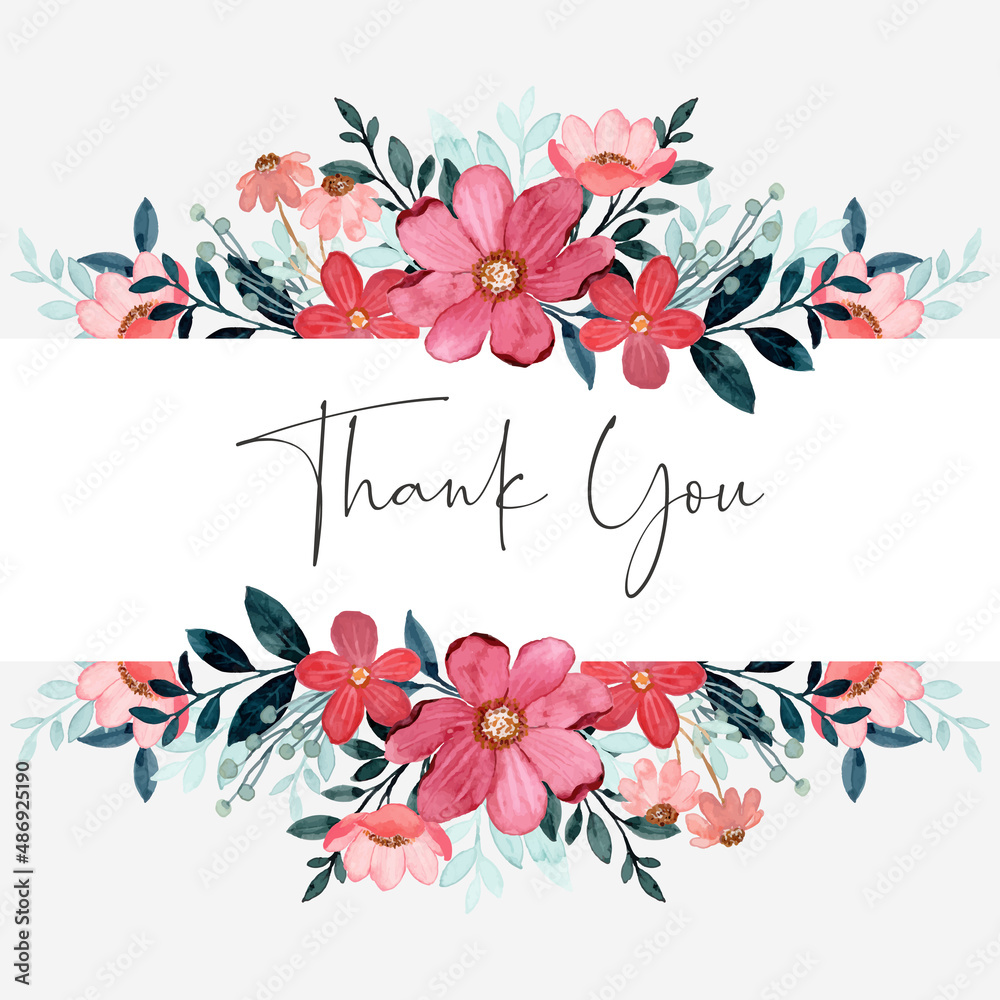 Thank you card with red green floral watercolor