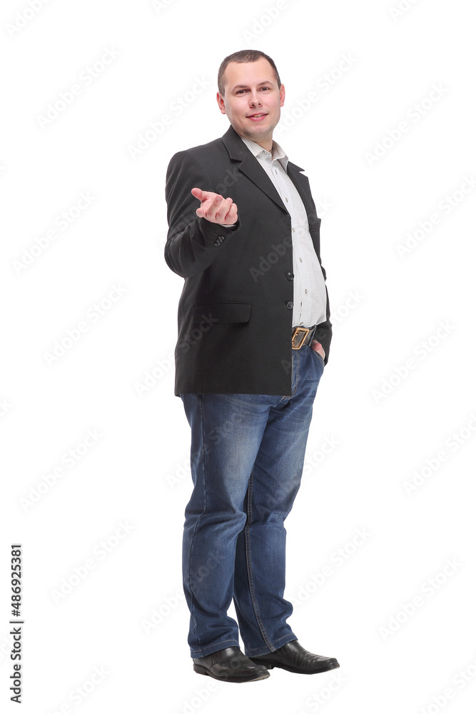 Happy businessman with open palm offering something. Happy businessman with open palm offering something.