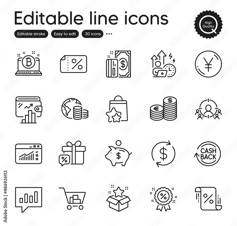 Set of Finance outline icons. Contains icons as Sale gift, Loyalty program and Internet shopping elements. Budget, Loan percent, Piggy bank web signs. Bitcoin, Yen money, Usd exchange elements. Vector
