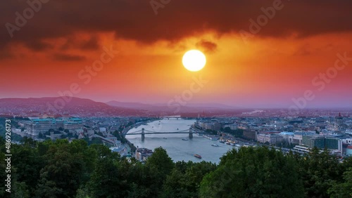 Budapest skyline aerial view from day to night, Budapest at sunset night view river and bridge. photo