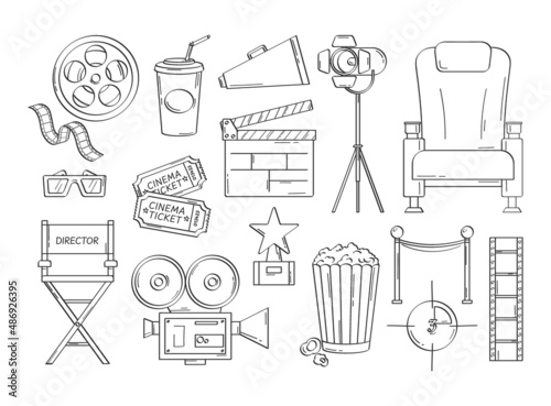 Hand drawn cinema elements. Vector set of line movie icon with popcorn, clapperboard, glasses, tickets, chair, reel, video camera, megaphone. Cartoon Illustration for film industry, cinematography
