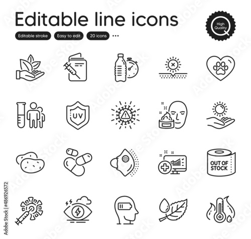 Set of Healthcare outline icons. Contains icons as No sun  Medical analytics and Stress elements. Potato  Medical mask  Toilet paper web signs. Organic product  Leaf dew. Outline no sun icon. Vector