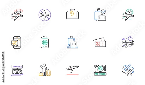 Airport line icons set. Boarding pass, Baggage claim, Departure. Connecting flight, tickets, pre-order food icons. Passport control, airport baggage carousel, inflight wifi. Vector