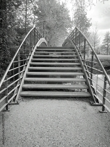 Fototapeta Naklejka Na Ścianę i Meble -  Petit pont métallique - Parc en noir & blanc