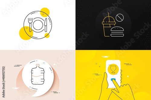 Minimal set of Fast food, Cooler bottle and Wine glass line icons. Phone screen, Quote banners. Restaurant food icons. For web development. Vector