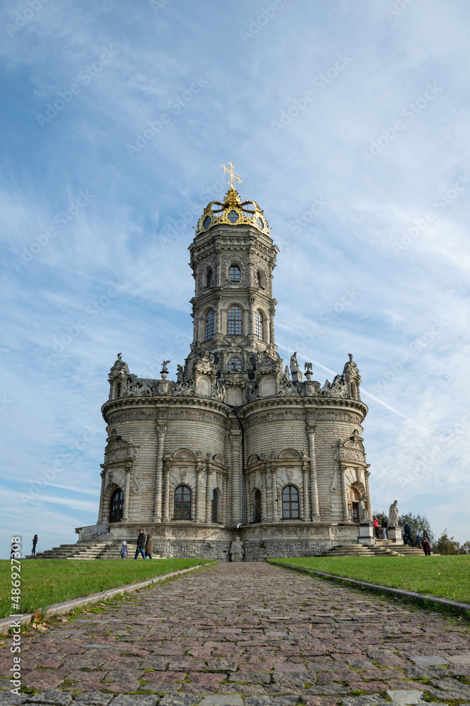 Russia, Moscow, October 2021 Church of the Sign of the Most Holy Theotokos in Dubrovitsy - parish church of the Podolsk diocese of the Russian Orthodox Church