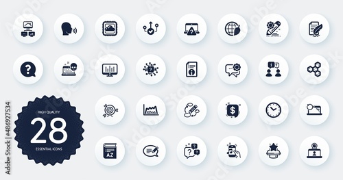 Set of Education icons, such as Technical info, Music making and Vocabulary flat icons. Work home, Target, Message web elements. Trade chart, Cloud computing, Correct way signs. Circle buttons. Vector