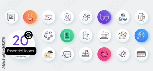 Simple set of Report statistics, Air balloon and Organic tested line icons. Include Credit card, Parking app, Social responsibility icons. Gift, Fake news, Shield web elements. Arena. Vector