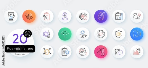Simple set of Face id, Cough and Coronavirus report line icons. Include Dont touch, Eye protection, Mint leaves icons. Coronavirus statistics, Donation, High thermometer web elements. Vector