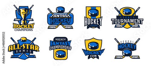Set of logos, emblems of ice hockey. Colorful collection of ice hockey emblems. Logo template for sports tournaments, fantasy leagues, championship, champion cup, club. Puck, sticks. Isolated vector