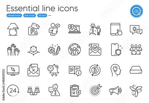 Parking security, 24 hours and Medical help line icons. Collection of Engineering, Confirmed mail, Tablet pc icons. Manual, Idea head, Augmented reality web elements. Phone protect. Vector