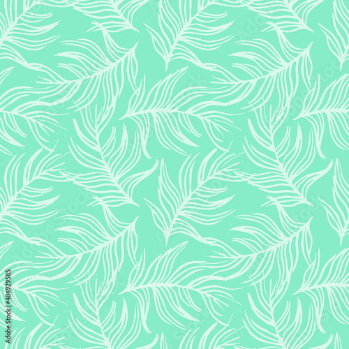 Seamless background with exotic leaves doodles on mint green background. Luxury pattern for creating textiles, wallpaper, paper, scrapbook. Vintage. Romantic floral Illustration