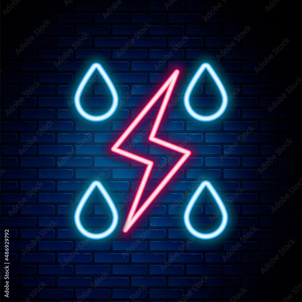 Glowing neon line Storm icon isolated on brick wall background. Drop and lightning sign. Weather icon of storm. Colorful outline concept. Vector Glowing neon line Storm icon isolated on brick wall background. Drop and lightning sign. Weather icon of storm. Colorful outline concept. Vector