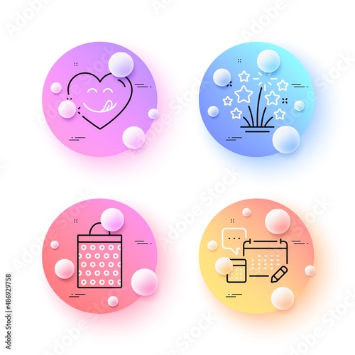 Fireworks stars, Shopping bag and Yummy smile minimal line icons. 3d spheres or balls buttons. Account icons. For web, application, printing. Pyrotechnic salute, Paper package, Comic heart. Vector