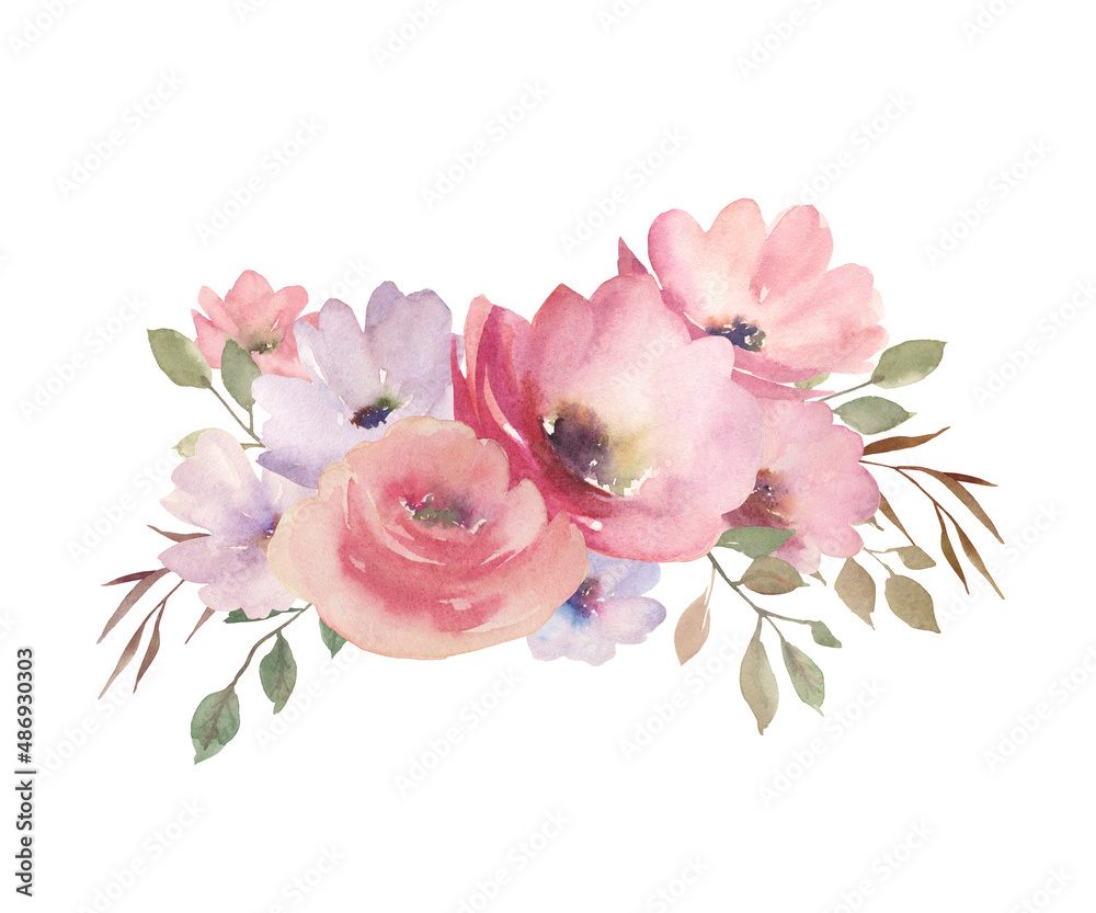 Fototapeta premium Watercolor floral composition. Hand drawn isolated flowers on white background. Painted bouquet