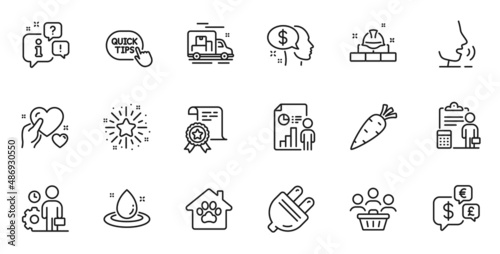 Outline set of Hold heart, Carrot and Pay line icons for web application. Talk, information, delivery truck outline icon. Include Quick tips, Accounting, Buyers icons. Vector