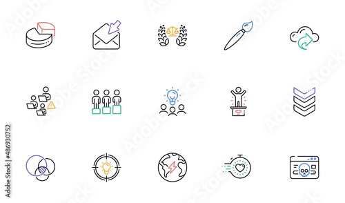 Idea, Business idea and Equity line icons for website, printing. Collection of Shoulder strap, Teamwork, Timer icons. Pie chart, Electricity, Cloud share web elements. Justice scales. Vector