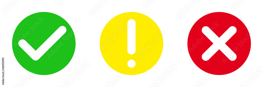 Green, yellow and red icon with hook, exclamation mark and cross, three symbols for passed, attention and rejected, isolated on white background Green, yellow and red icon with hook, exclamation mark and cross, three symbols for passed, attention and rejected, isolated on white background