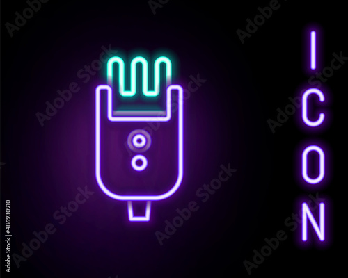 Glowing neon line Electrical hair clipper or shaver icon isolated on black background. Barbershop symbol. Colorful outline concept. Vector